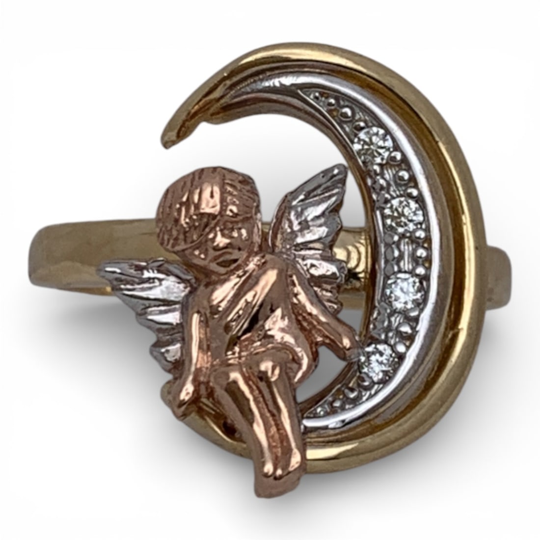 14k Gold & Diamond Cherub Ring: Marked 14k - Size 7.25 - 2.8 DwtGemstones Tested With Presidium Gem Tester Il - Berners Does Not Guarantee Authenticity Of Gemstones