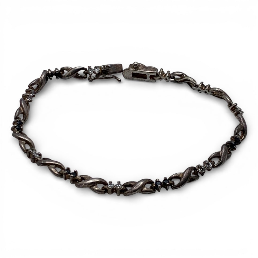 Silver Bracelet With Clear & Blue Stones: Tests Silver - 8 1/4" Long - 11.9 Grams