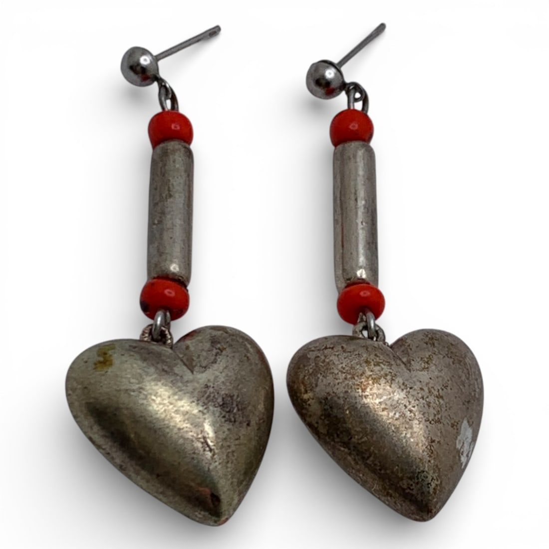 Pair Of Silver Heart Earrings: Tests Silver - 1 7/8" Long - 5.3 Grams