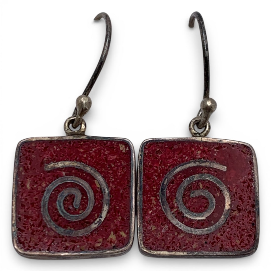 Pair Of Sterling Silver & Coral Earrings: Marked 925 - 1 1/8" Long - 5.0 Grams