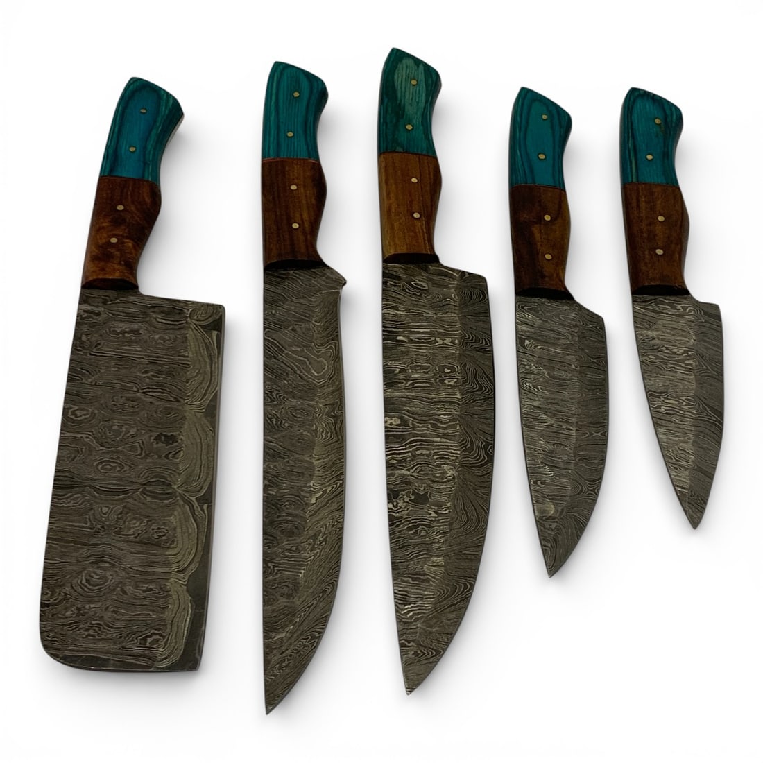 Cutlery Set Of 5 Damascene Knives W Inlaid Wood: 8 5/8" - 11 5/8" Long