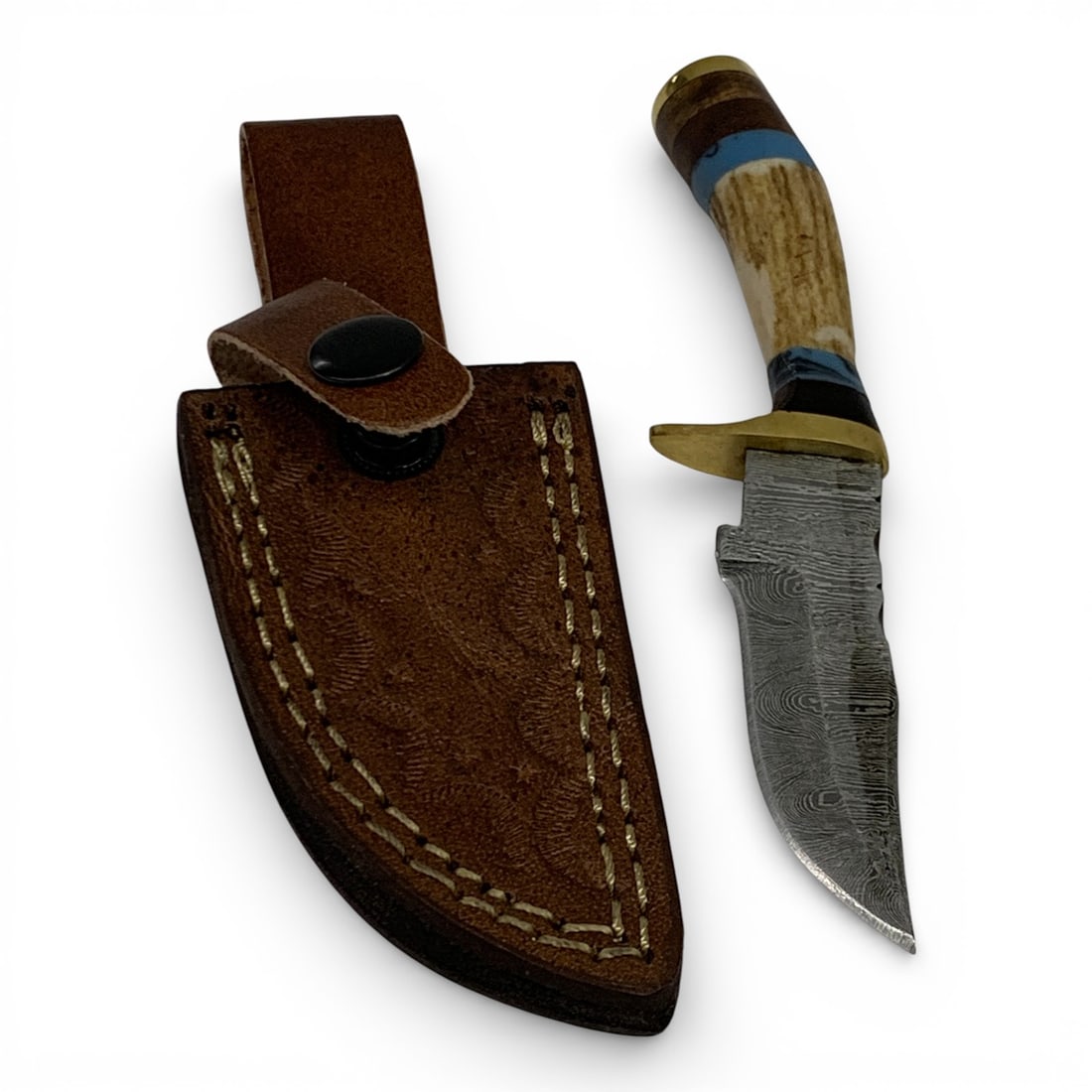 Damascene Blade Knife With Antler Handle In Sheath: 7" Total Length
