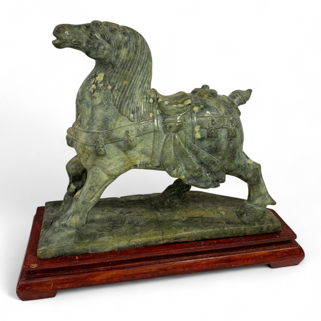 Chinese Soapstone Carved Horse On Wooden Base: 11.5" Tall X 12.75" Long Horse Sculpture. On 15" Long Wooden Base. Shows Restoration To Jade Base, See Photo Of Bottom Of Sculpture.