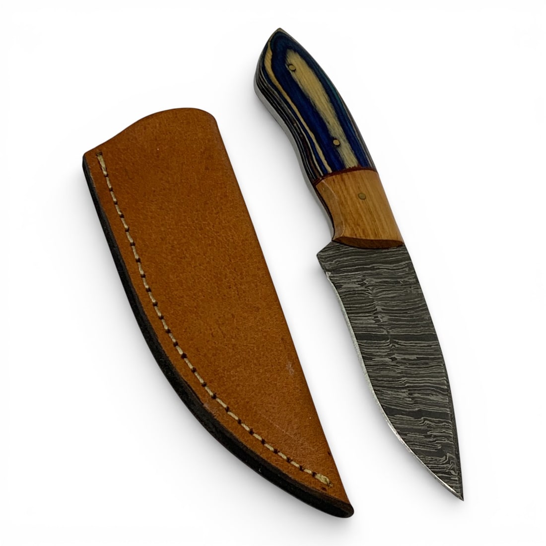 Damascene Knife W Inlaid Wood Handle In Sheath: 9 1/4" Total Length With Sheath