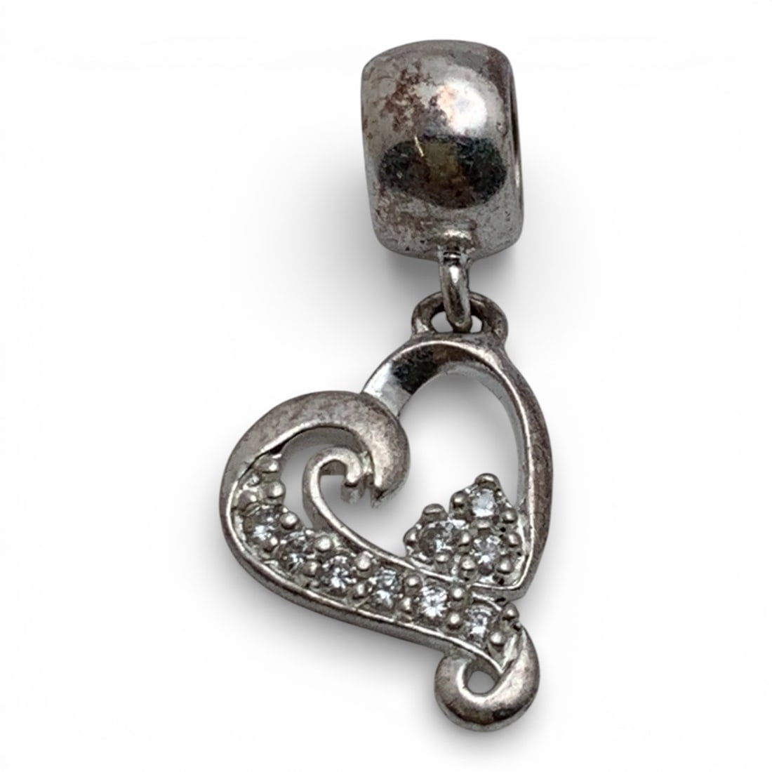 Silver Heart Pendant With Clear Stones: Tests Silver - 7/8" Long - 1.4 Grams
