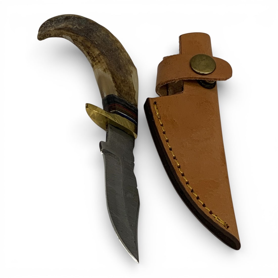 Damascene Blade Knife W Antler Handle In Sheath: 6 7/8" Total Length With Sheath