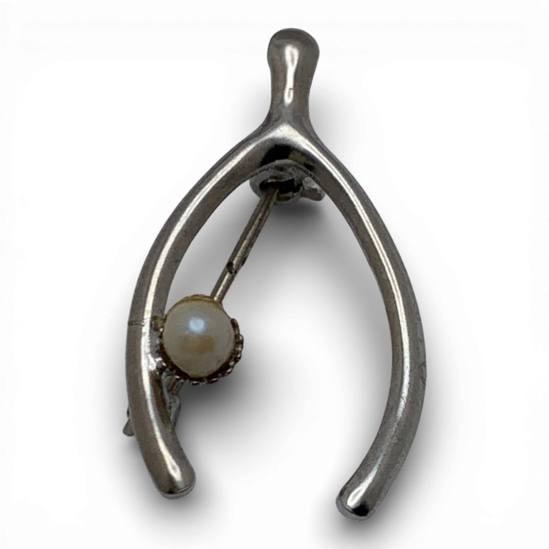 Sterling Silver & Faux Pearl Wishbone Pin: Marked Sterling - 1 1/8" Long - 1.6 Grams