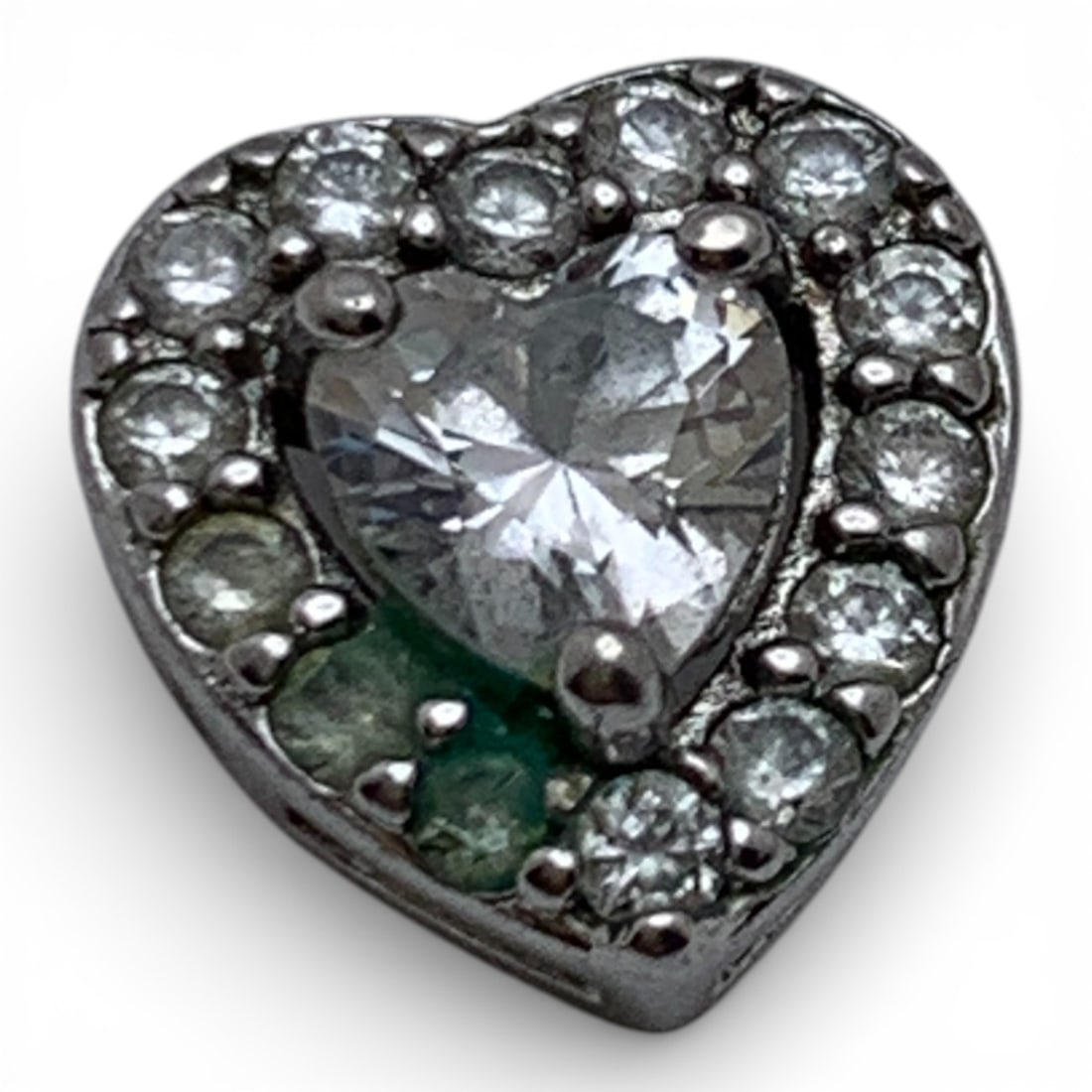 Silver & Clear Stone Heart Pendant: Tests Silver - 3/8" Long - 0.8 Grams