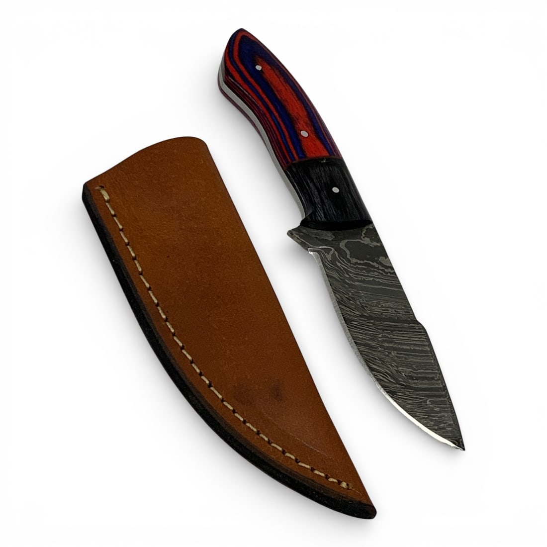 Damascene Knife W Inlaid Wood Handle In Sheath: 9 5/8" Total Length With Sheath