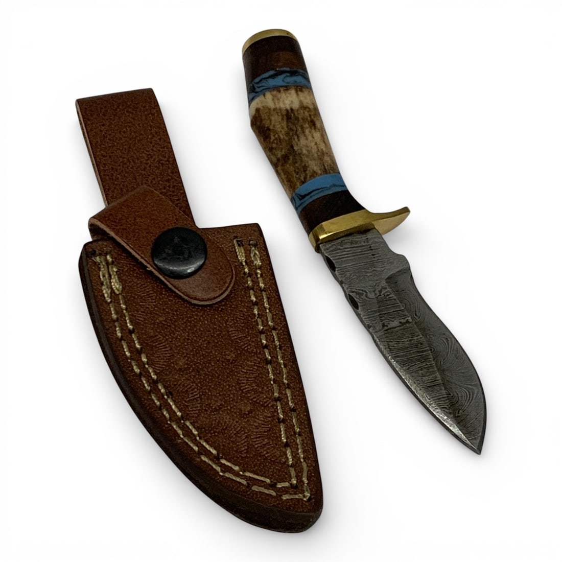 Damascene Blade Knife W Antler Handle In Sheath: 7" Total Length With Sheath