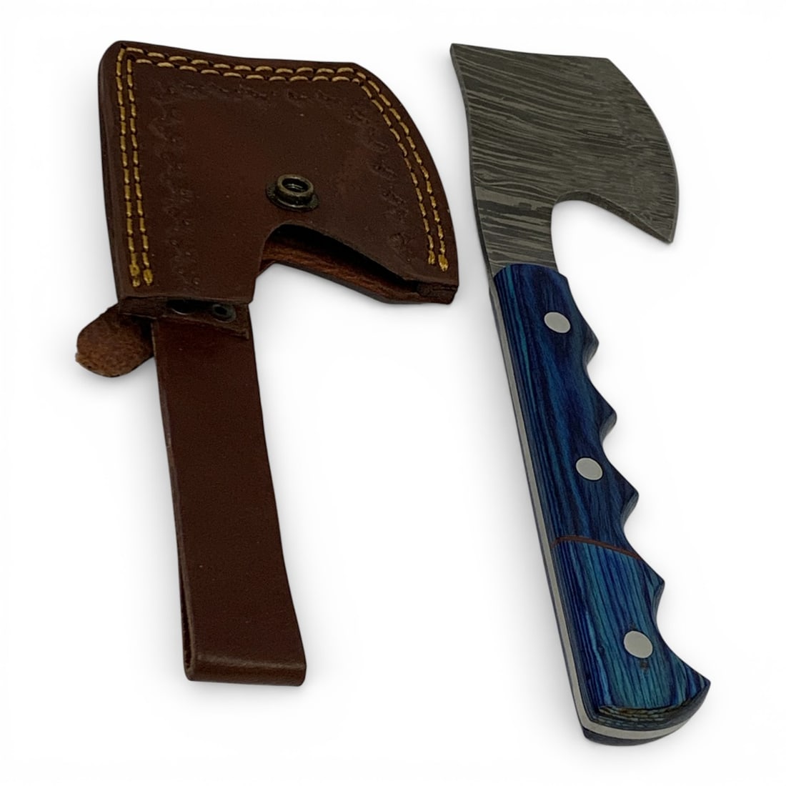 Damascene Axe W Inlaid Wood Handle In Sheath: 9 3/4" Total Length With Sheath