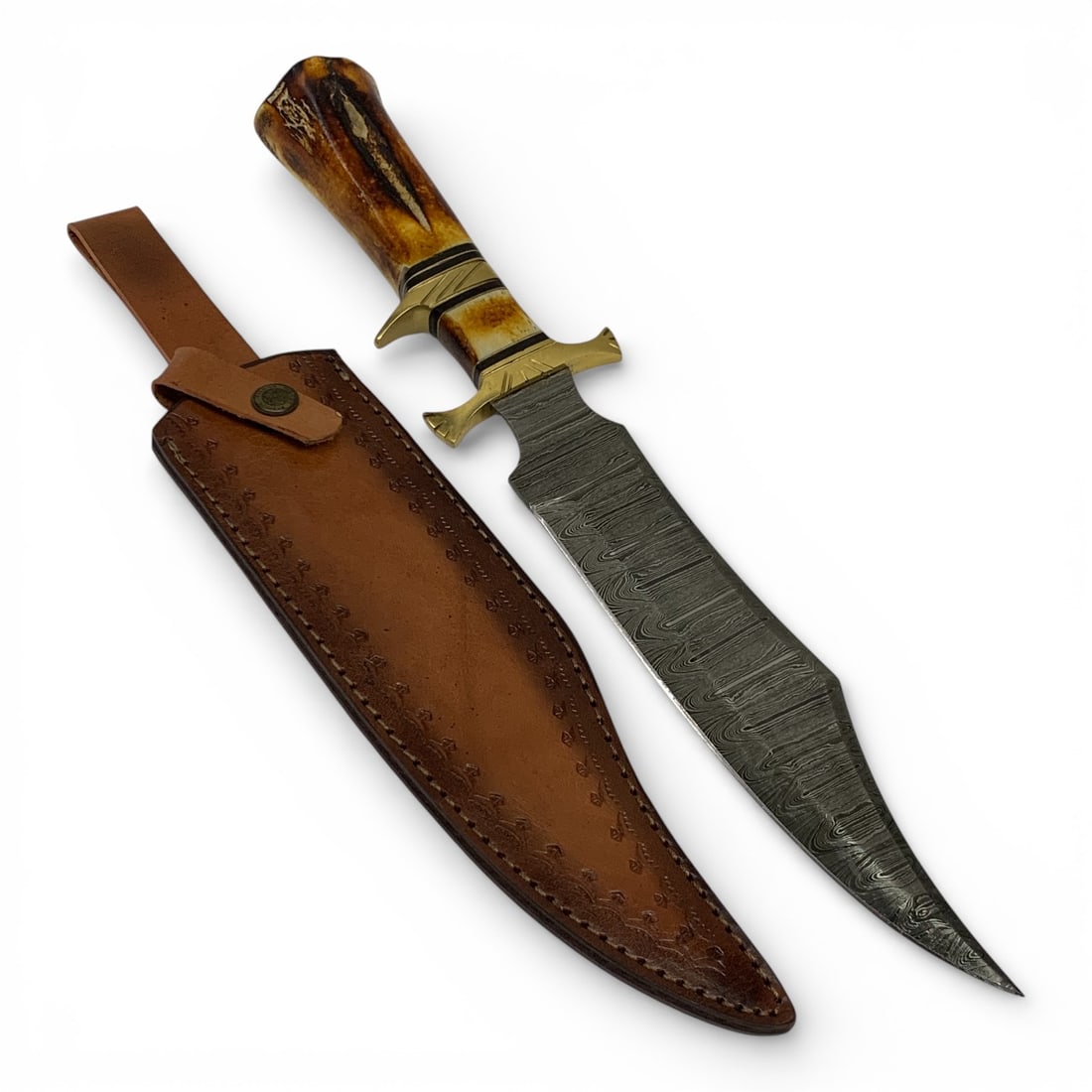 Large Damascene Knife W Bone Handle In Sheath (1 of 3)