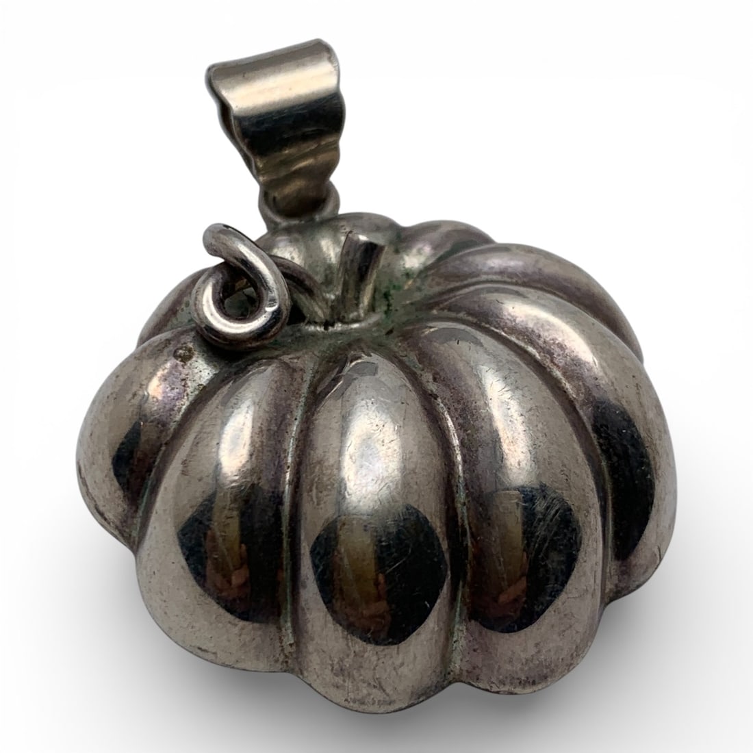Sterling Silver Pumpkin Pendant: Marked 925 - 1 5/8" Long - 8.9 Grams