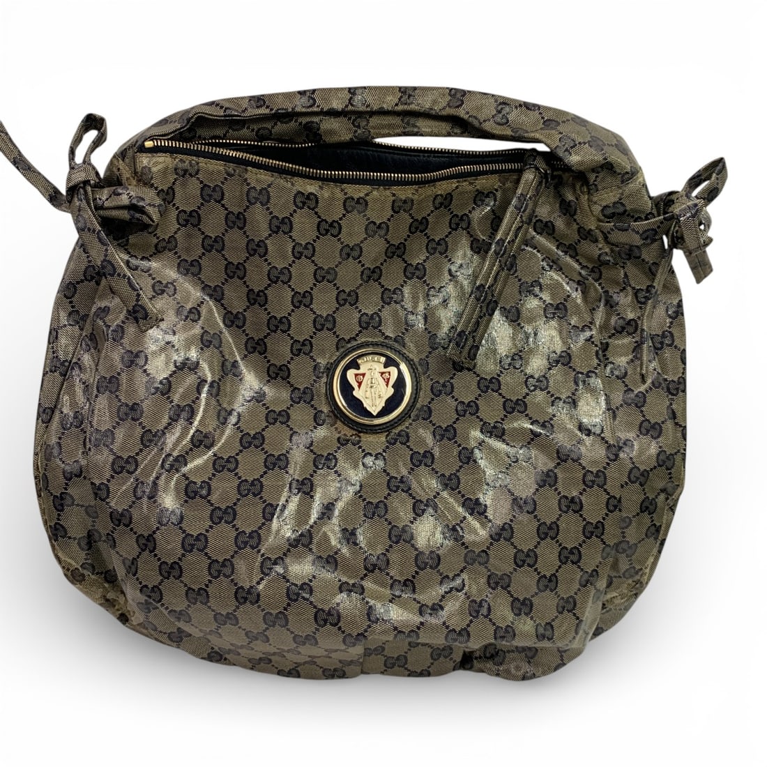 Gucci Crystal Hysteria Hobo Bag: Marked On Inside: Gucci Made In Italy.Serial Number: 211844 - 001013.Enameled Gucci Tag On Front. Approx. 15" X 15". Vintage Bag, Shows Some Wear, See Photos.