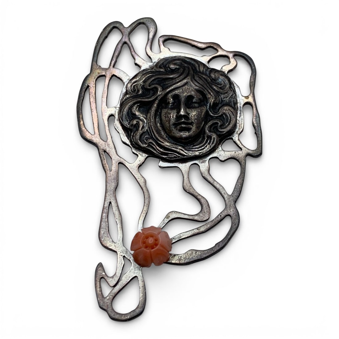 Silver & Carved Coral Figural Pin: Tests Silver - 3" Long - 19.5 Grams
