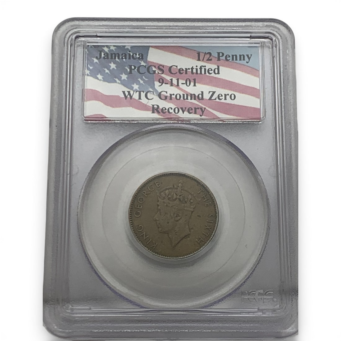 Pcgs Certified World Trade Center 1/2 Penny: In Pcgs Graded Case Pcgs Certified, 9-11-01, W T C Ground Zero Recovery, Jamaica, 1/2 Penny