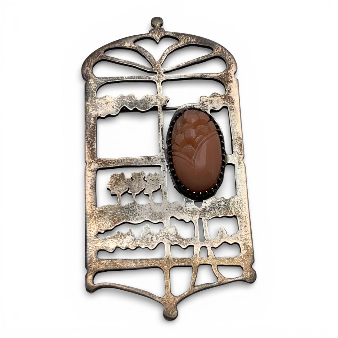 Sterling Silver & Carved Coral Pin: Marked Sterling - 2 3/4" Long - 17.5 Grams