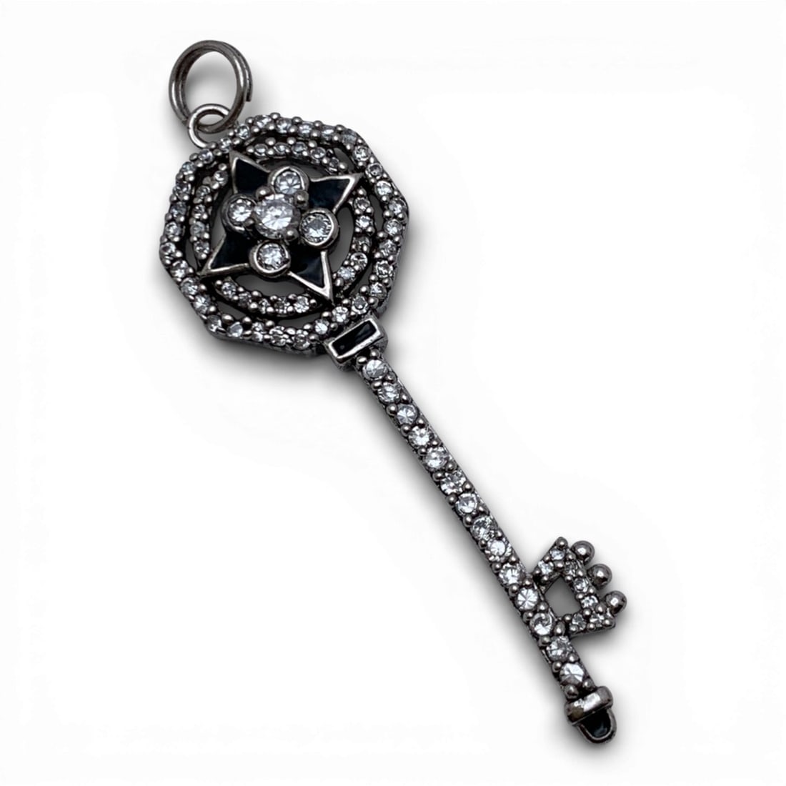 Silver Enameled Key Pendant With Clear Stones: Tests Silver - 1 7/8" Long - 4.3 Grams
