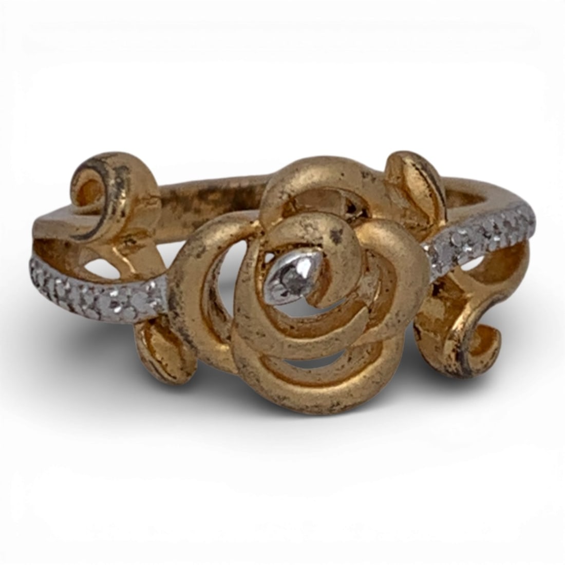 Sterling & Diamond Gold Tone Rose Ring (1 of 4)