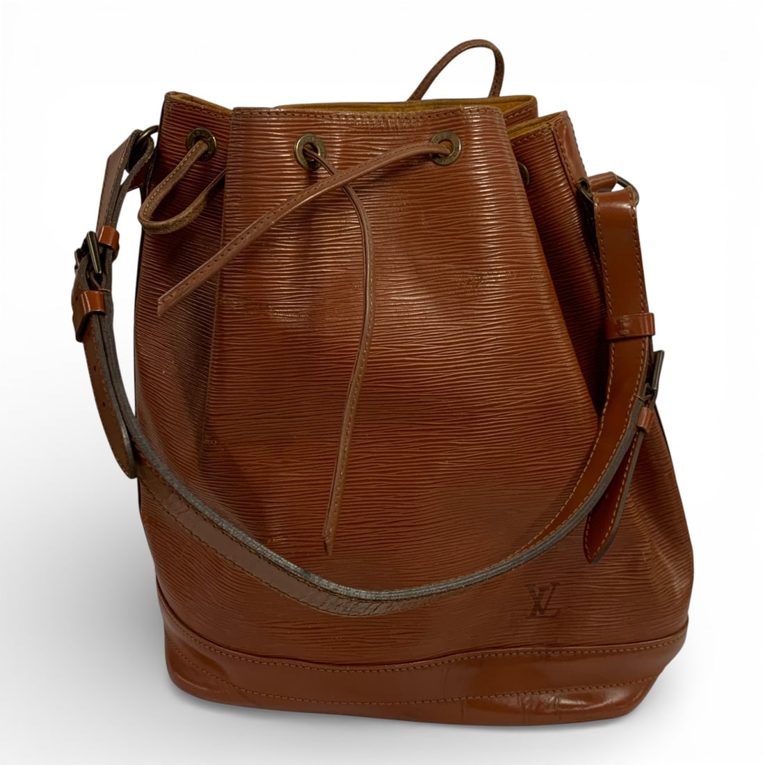 Louis Vuitton Noe Epi Leather Bucket Bag: Marked On Front: L. V. Brown Bucket Bag, 13" Tall X 7.5" X 10.5".Vintage Bag, Shows Some Wear, See Photos.