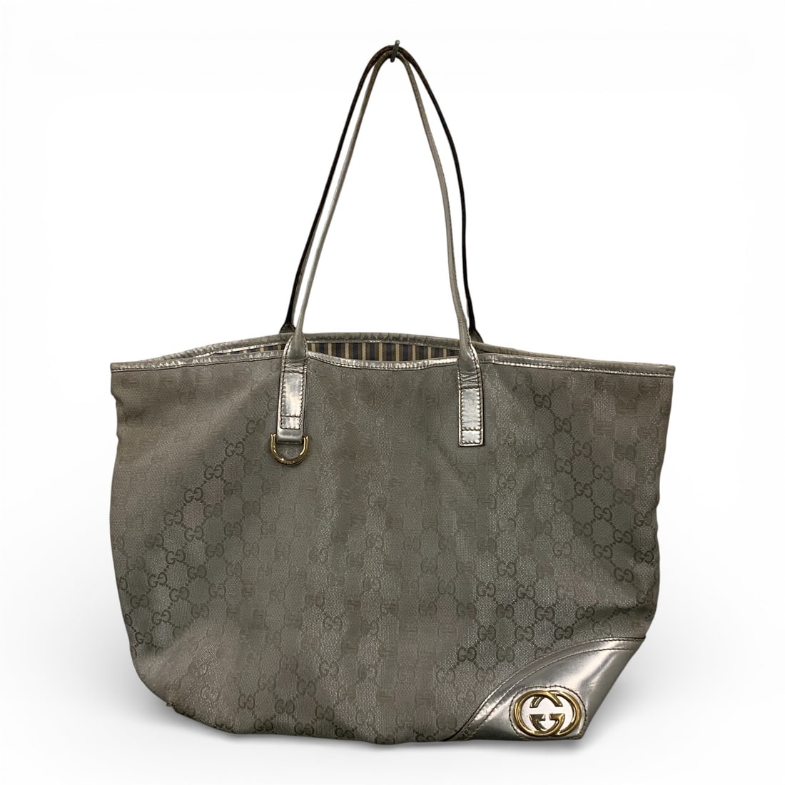 Gucci Canvas Silver Tote: Marked On Label Inside: Gucci. Made In Italy. 169945 - 486628.11" Tall X 17.5". Vintage Bag, Shows Some Wear, See Photos.