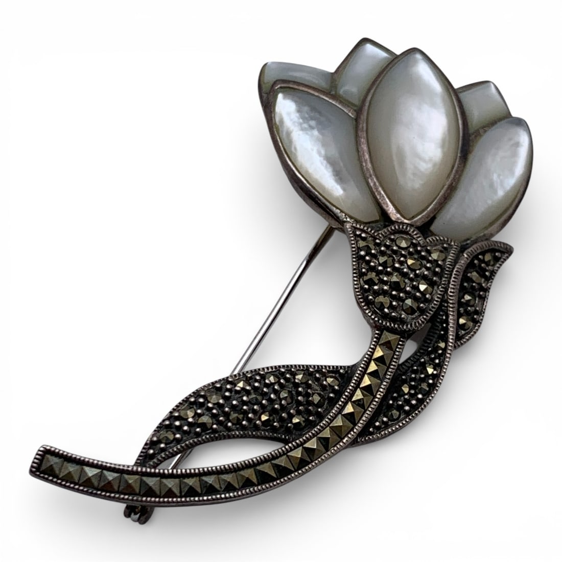 Sterling Marcasite & Mother Of Pearl Pin: Marked 925 - 2 7/8" Long - 26.2 Grams