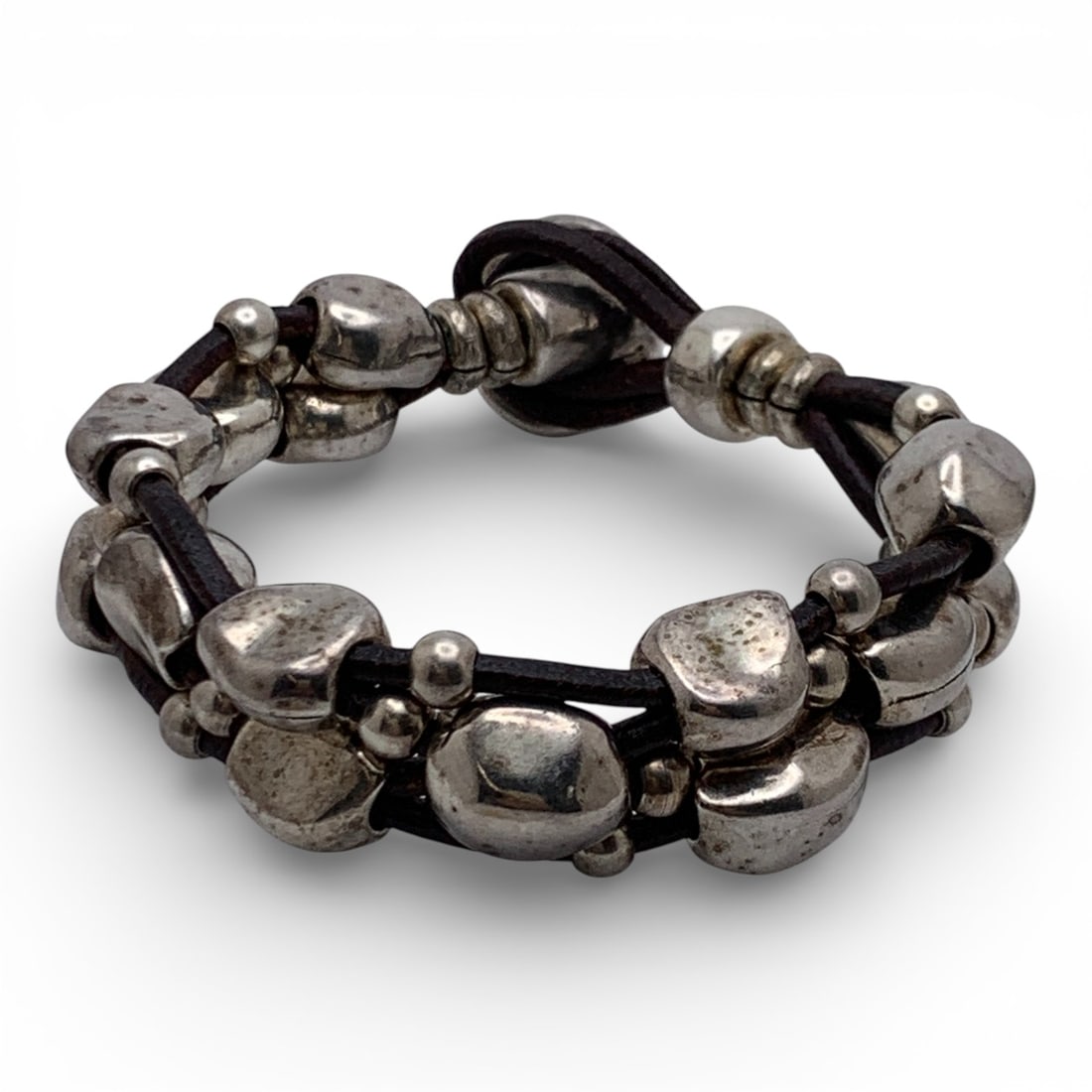 Silver Chunk Bracelet On Brown Leather: Tests Silver - 7 5/8" Long - 56.6 Grams