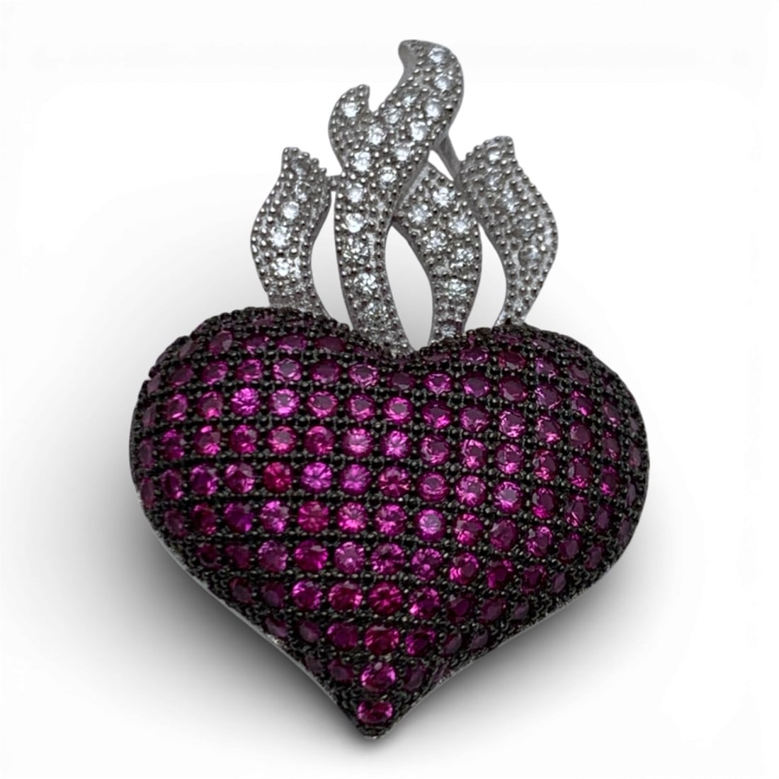 Silver Heart Pendant With Clear & Pink Stones: Tests Silver - 1 1/8" Long - 2.8 Grams