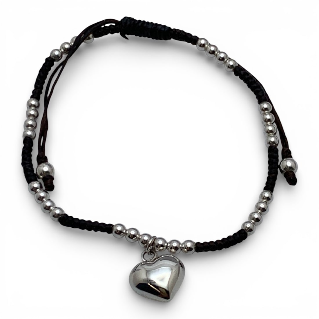 Silver & Brown Leather Adjustable Bracelet: Tests Silver - 3.4 Grams