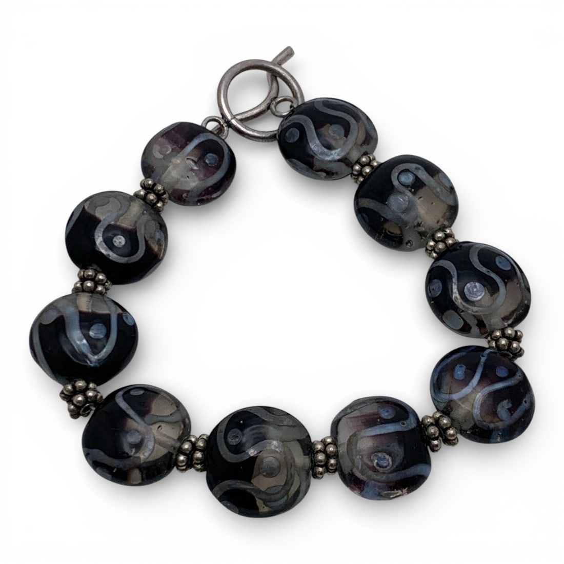 Silver & Art Glass Bracelet: Tests Silver - 8 1/2" Long - 39.5 Grams