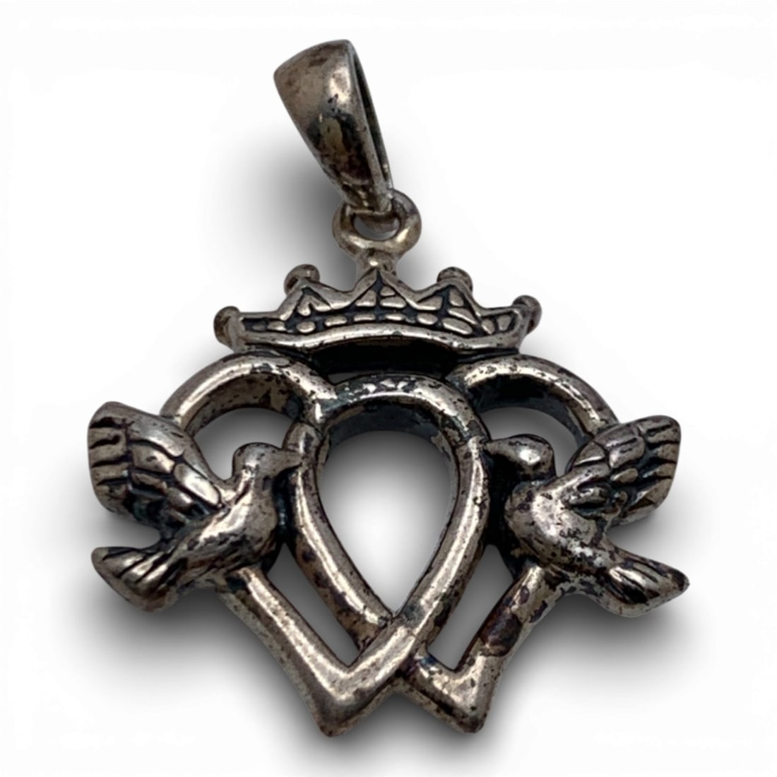 Sterling Silver Dove & Heart Pendant: Marked 925 - 1" Long - 3.3 Grams