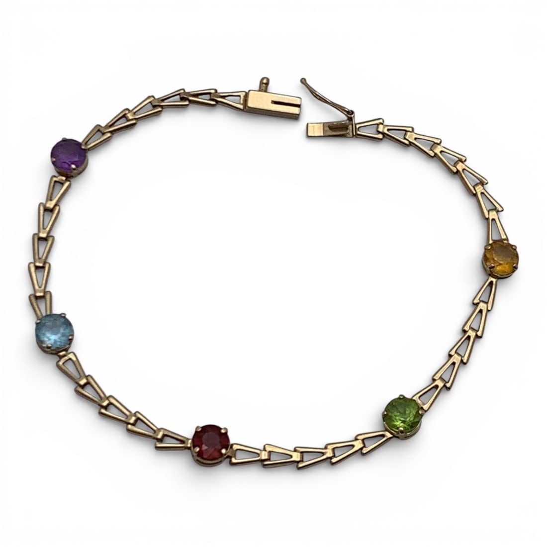 14k Yellow Gold Bracelet With Precious Stones: Amethyst, Blue Topaz, Red Garnet & Green & Orange CitrineMarked 14k - 7 3/8" Long - 1.9 DwtGemstones Tested With Presidium Gem Tester Il - Berners Does Not Guarantee Authenticity Of Gemstones