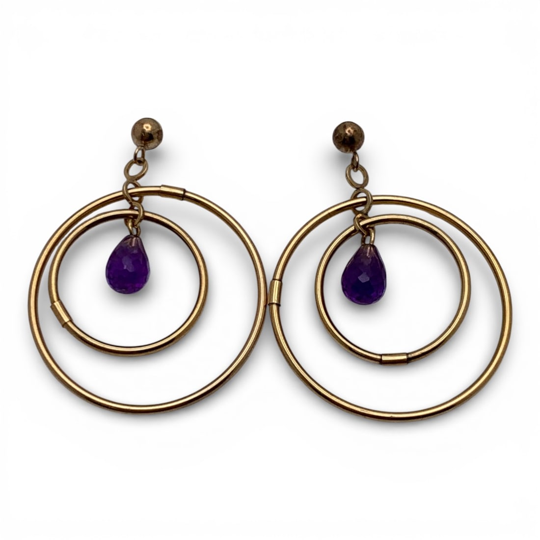 Pair Of 14k Yellow Gold & Amethyst Earrings: Marked 14k - 1 1/2" Long - 1.4 DwtGemstones Tested With Presidium Gem Tester Il - Berners Does Not Guarantee Authenticity Of Gemstones