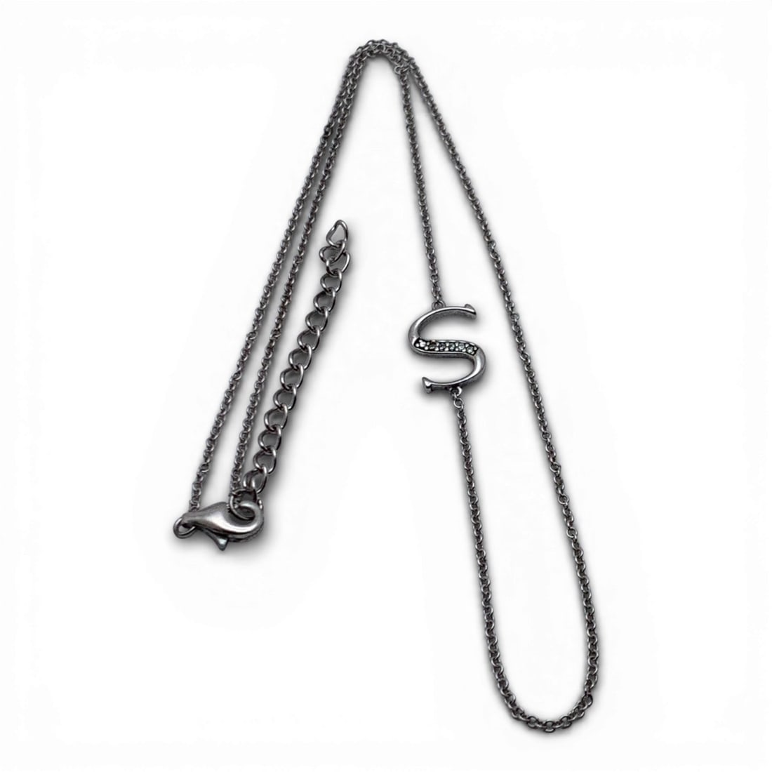 Sterling Silver " S " Necklace W Clear Stones: Marked 925 - 18" Long - 2.4 Grams