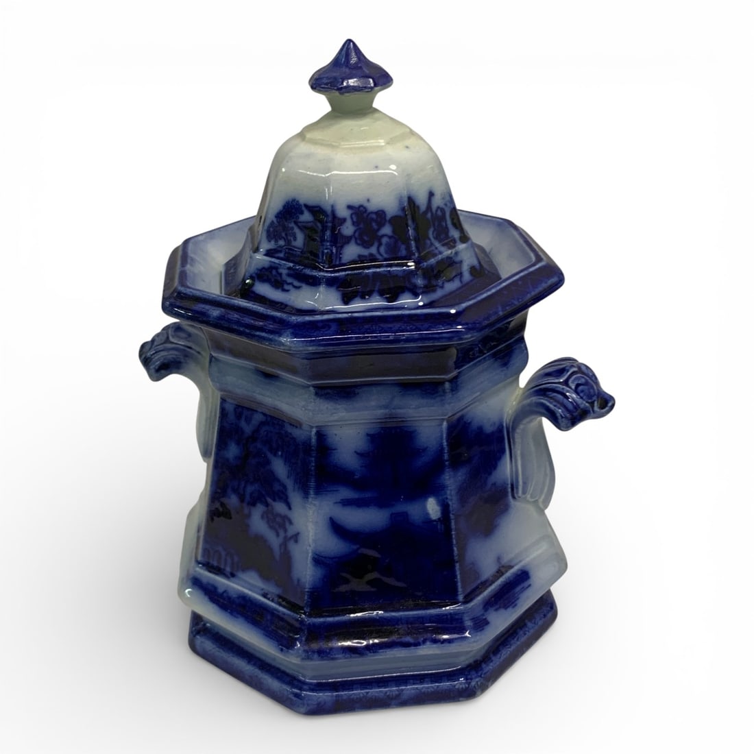 Tonquin Flow Blue Ironstone Sugar Bowl: Marked Tonquin. 7.25" Tall. Shows Wear On Rim Of Lid And Base.