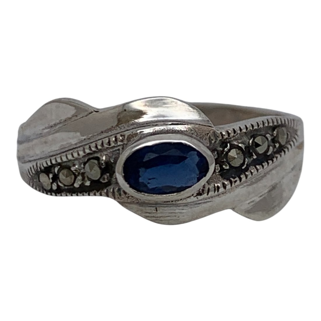 Sterling Marcasite & Blue Stone Ring: Marked 925 - Size 5.75 - 2.2 Grams