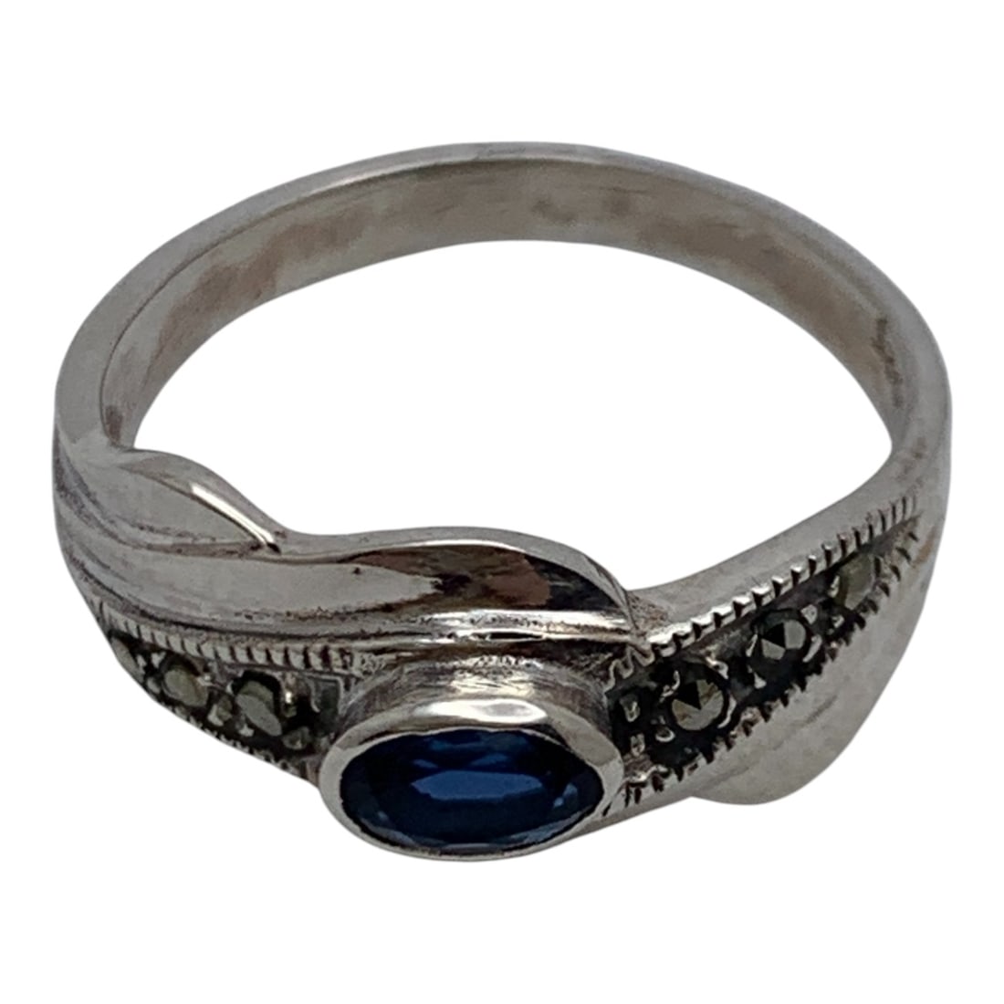 Sterling Marcasite & Blue Stone Ring - 5