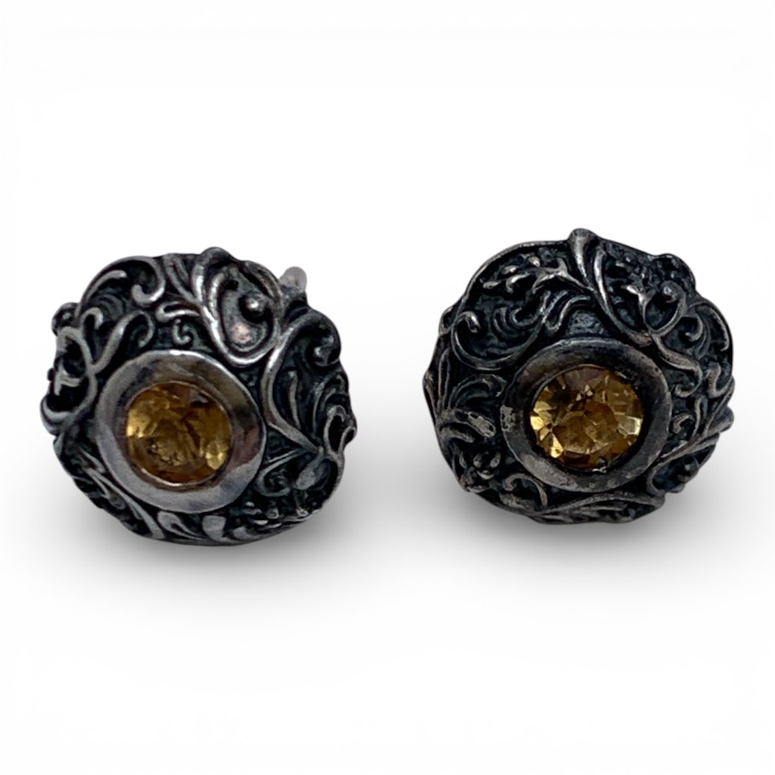 Pair Of Sterling & Yellow Stone Earrings: Marked 925 - 3/8" Long - 2.4 Grams