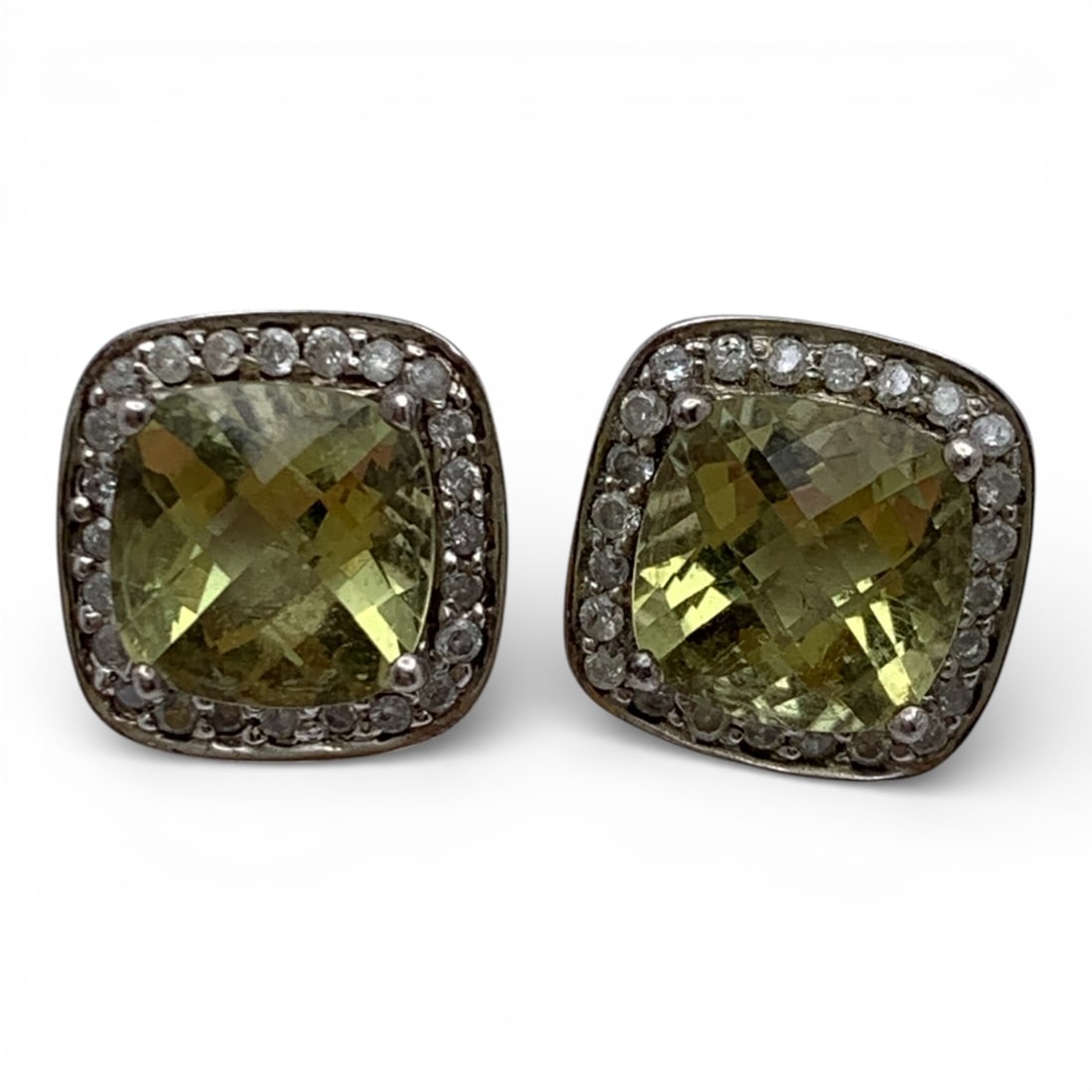 Pair Of Sterling Earrings W Green & Clear Stones: Marked 925 - 1/2" Long - 4.8 Grams