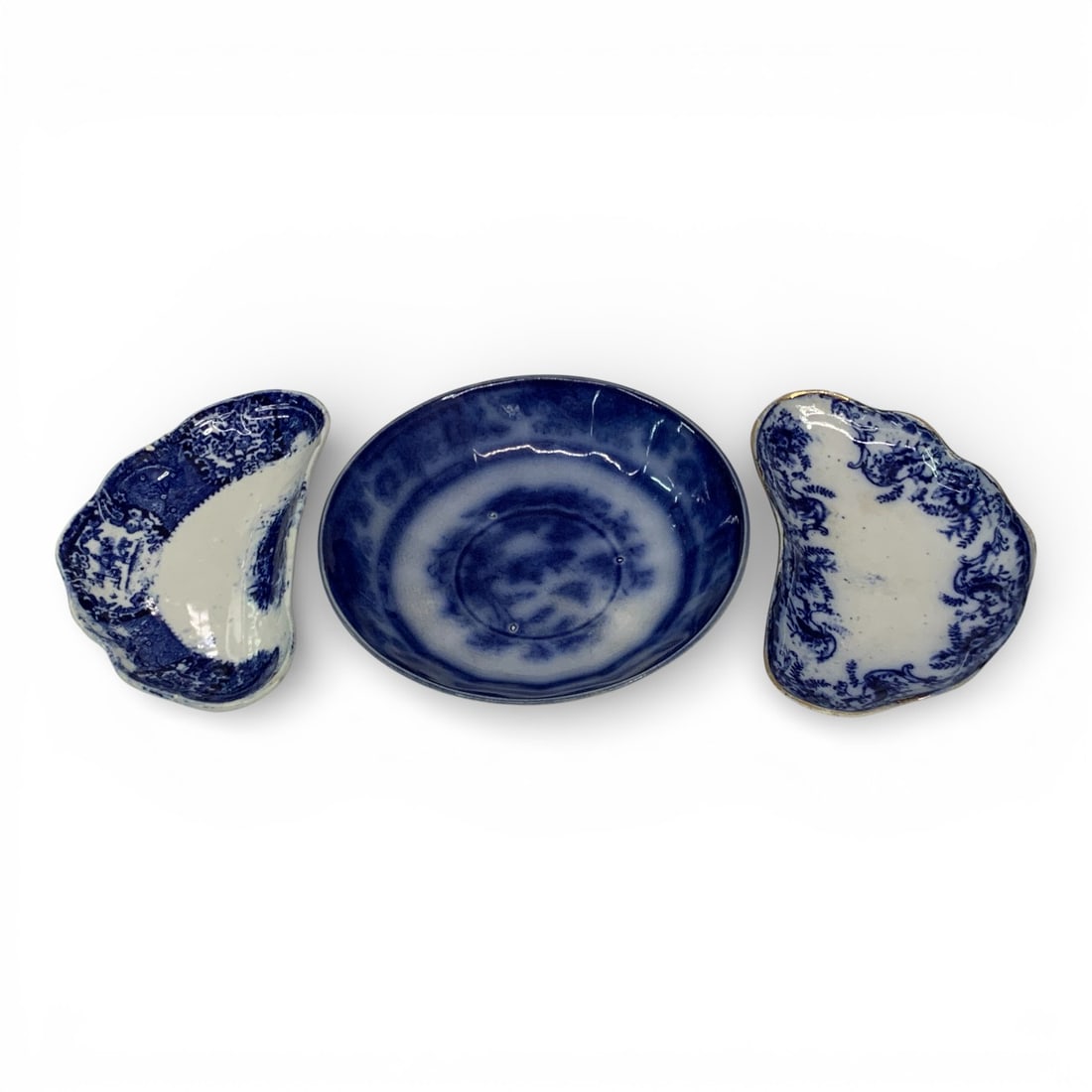 Group Of 3 Flow Blue / Ironstone Plates: 6" J H Tonquin Saucer, Pair Of 5.75" Trays.