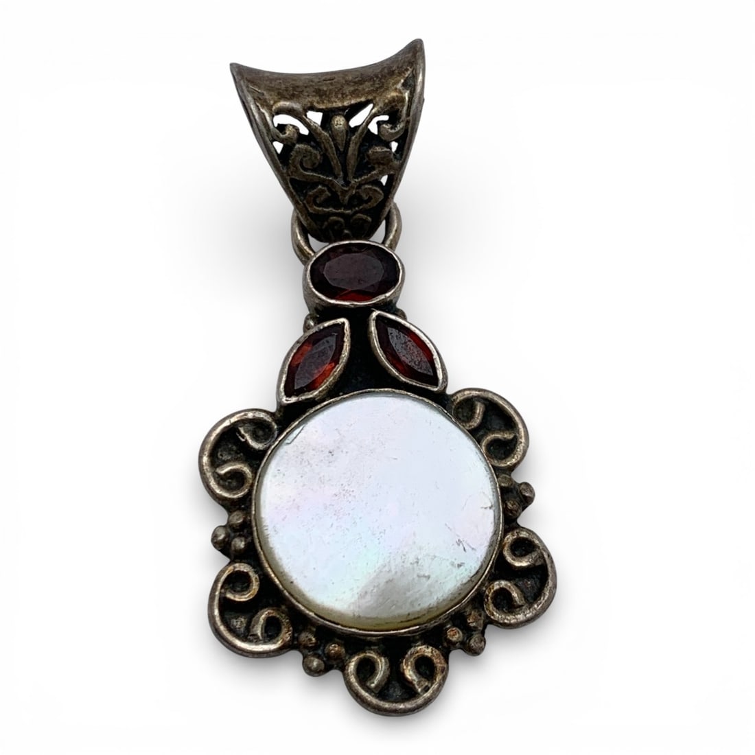 Sterling Mother Of Pearl & Red Stone Pendant (1 of 2)