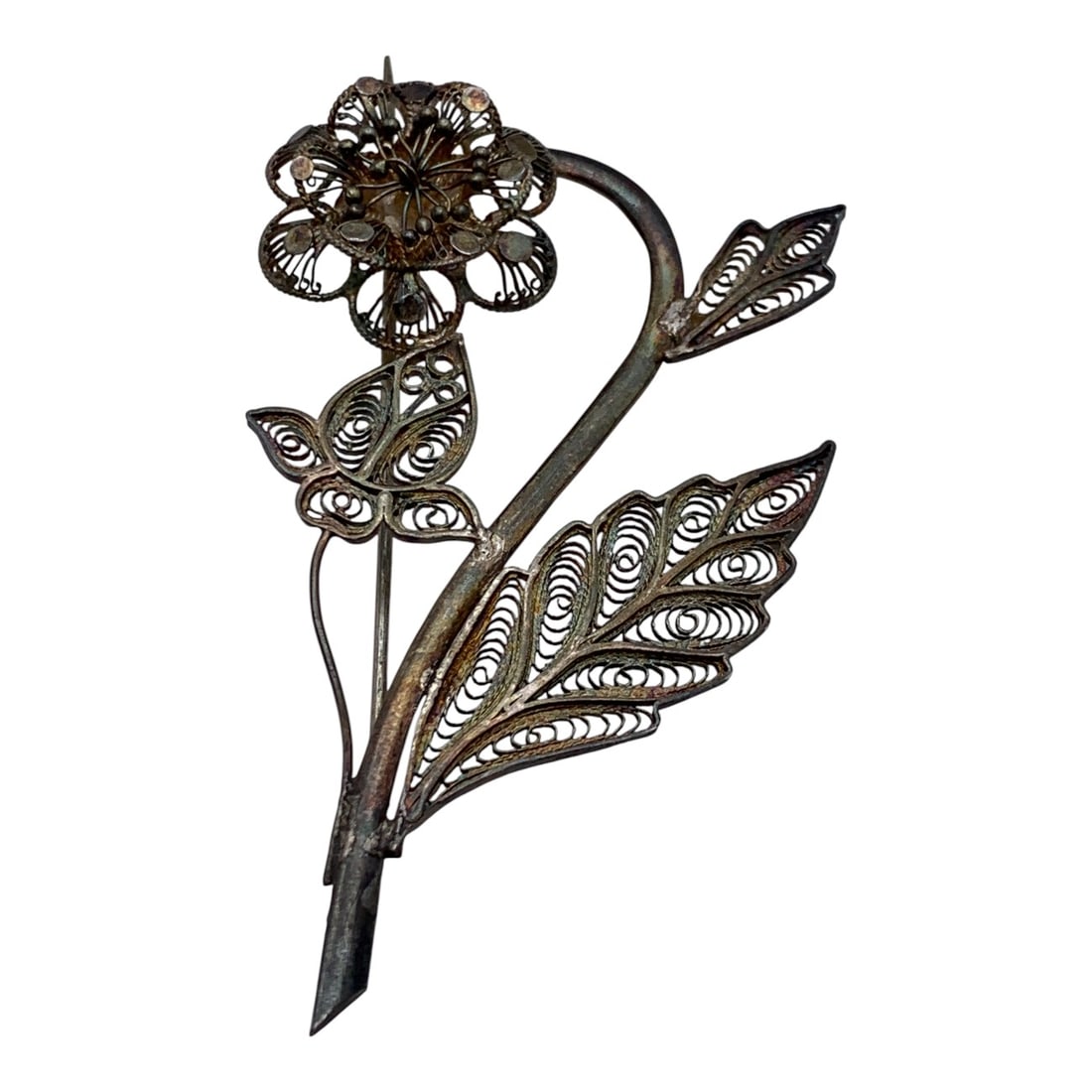 Silver Filigree Floral Pin: Tests Silver - 3" Long - 10.1 Grams
