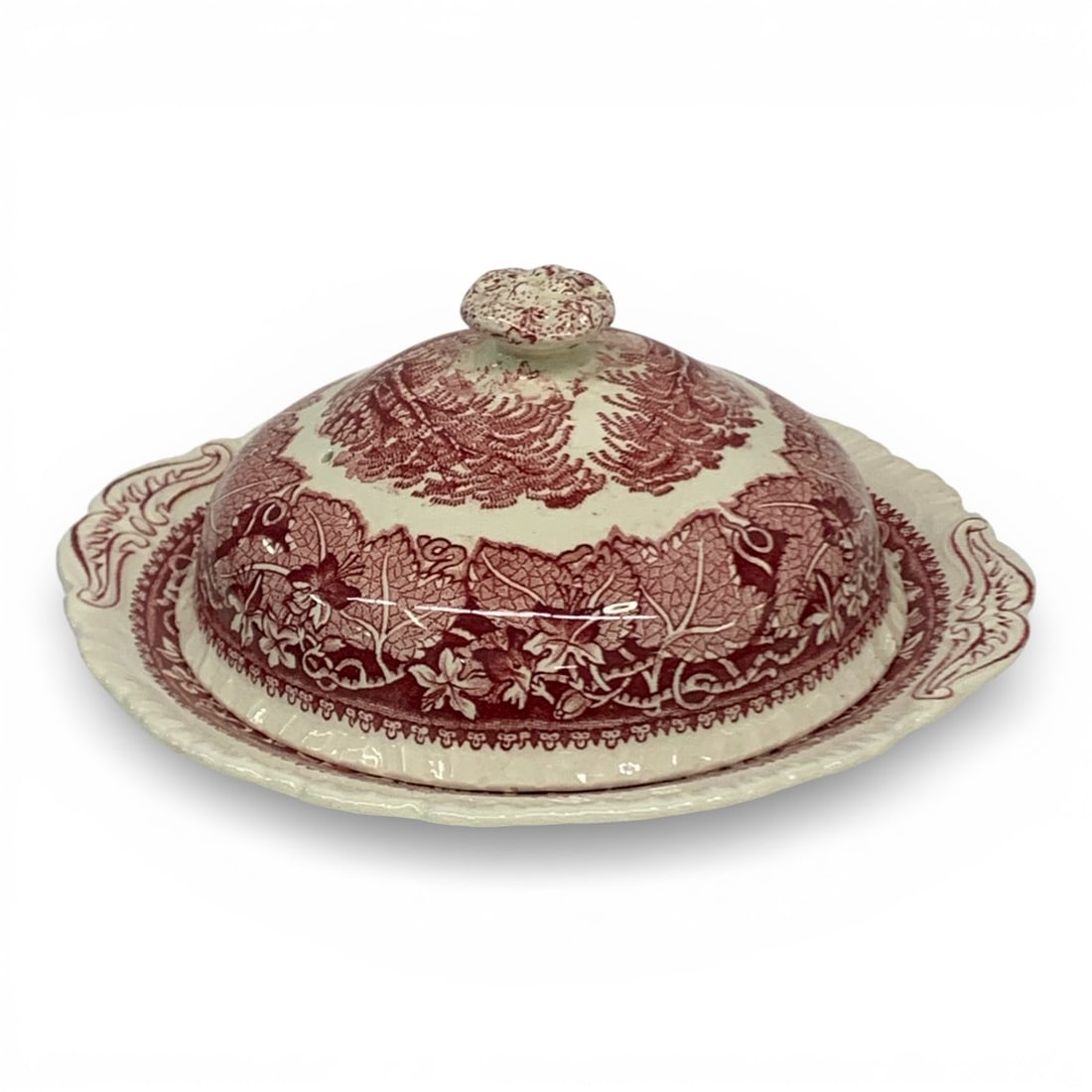 Mason's Ironstone Vista Butter Dish: Marked On Bottom: Mason's. Parent Ironstone. Vista. England. 3.5" Tall X 8" Long, Shows Wear On Bottom Rim Of Lid.