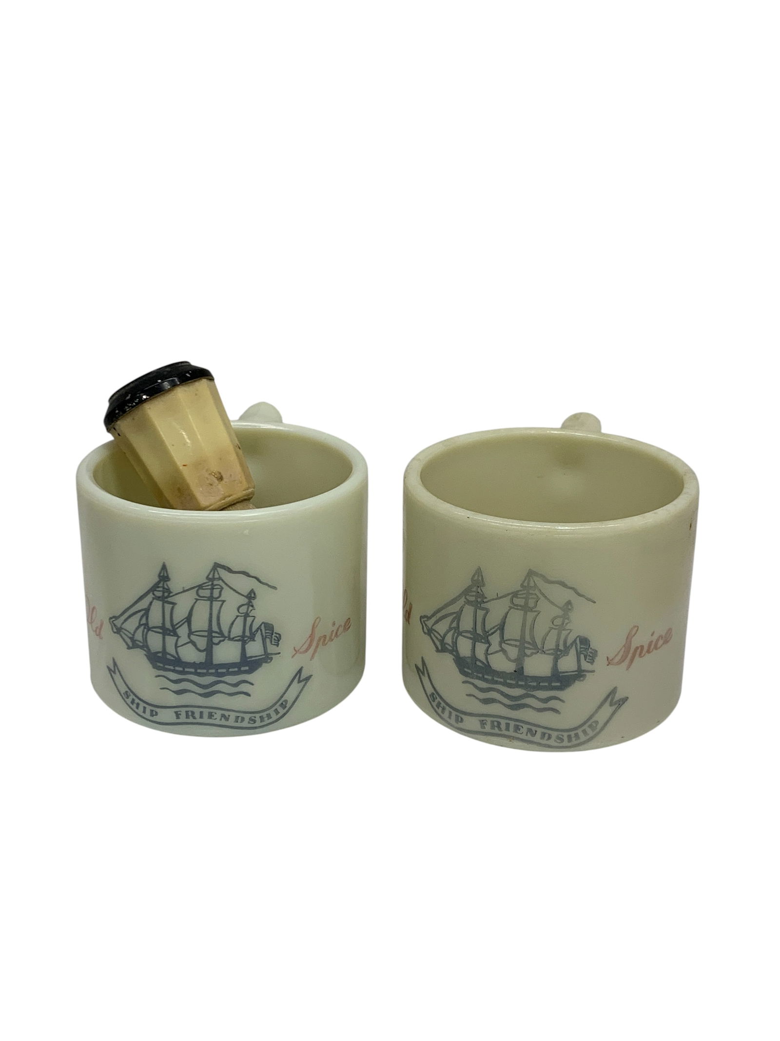 2 Vintage Old Spice Shaving Mugs And Brush: Marked Old Spice - 2 5/8" Tall