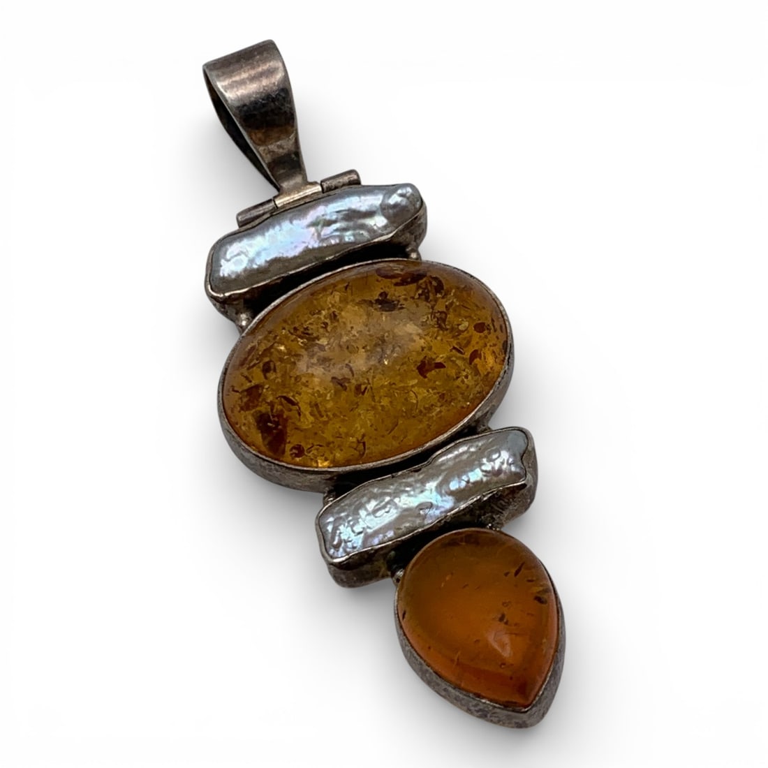 Sterling Pearl & Amber Pendant: Marked 925 - 2 3/4" Long - 11.9 Grams