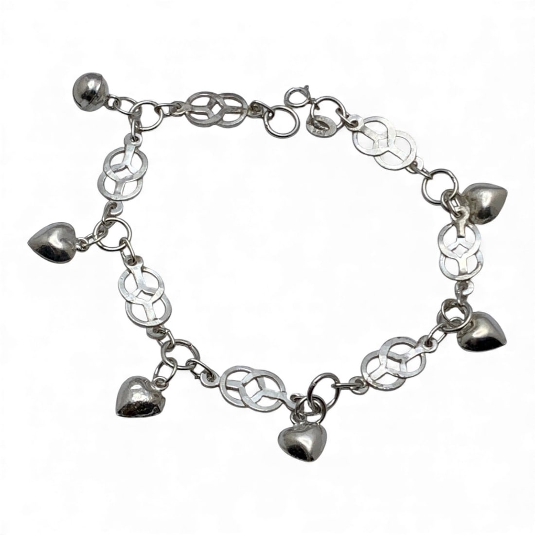 Sterling Silver Heart Charm Bracelet: Marked 925 - 7 3/4" Long - 7.0 Grams