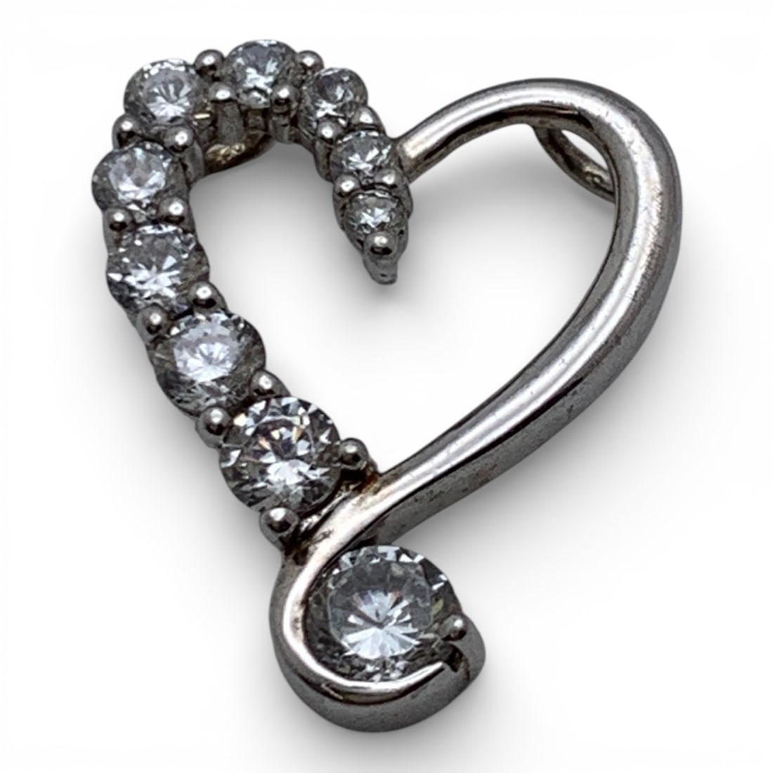 Sterling Silver Heart Pendant With Clear Stones: Marked 925 - 7/8" Long - 1.9 Grams