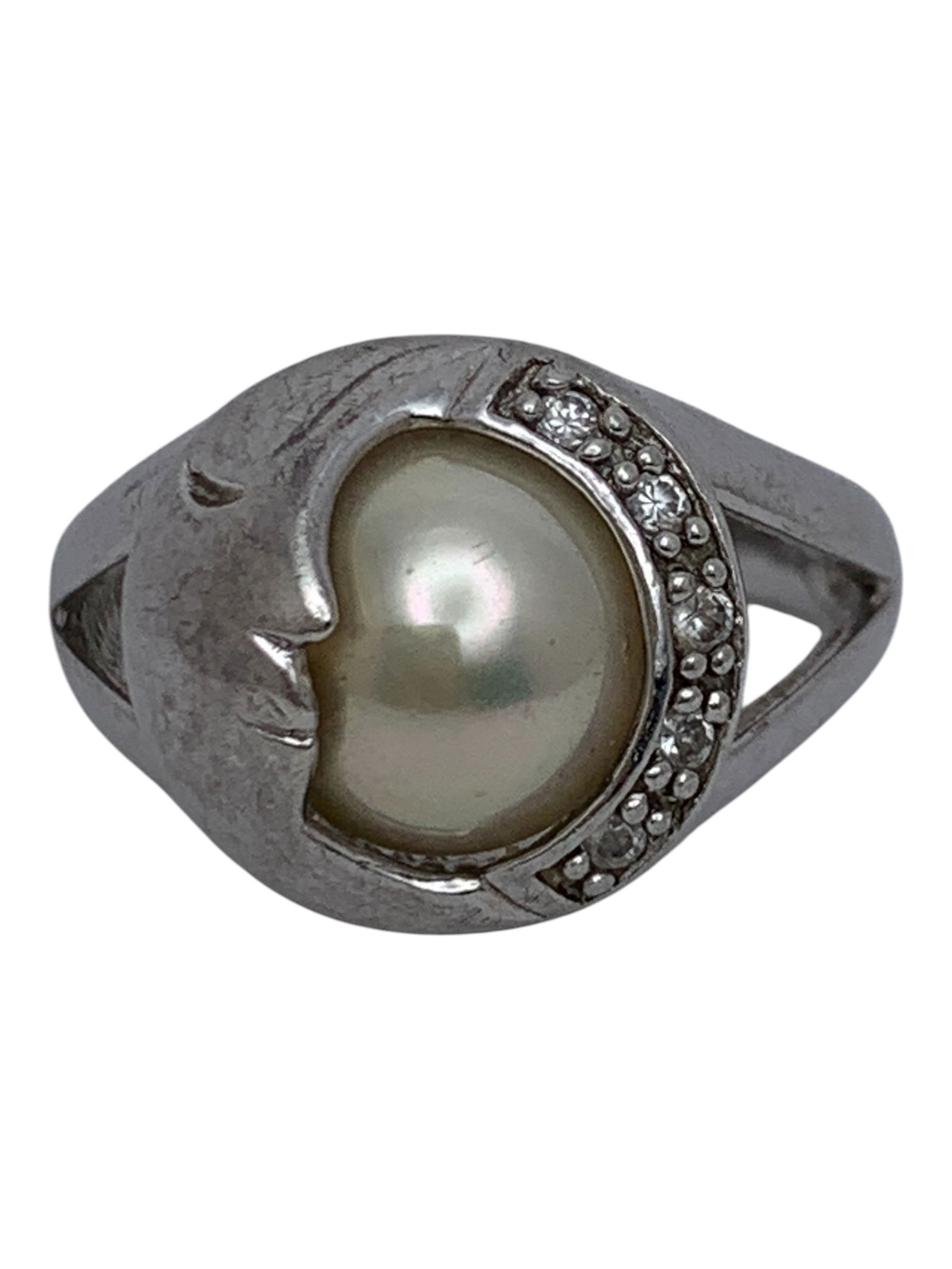 Sterling Silver Faux Pearl & Clear Stone Ring (1 of 6)