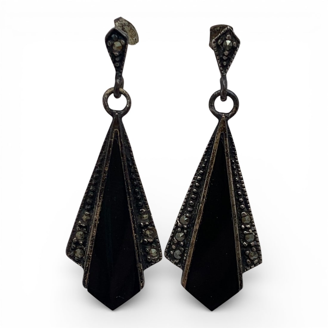 Pair Of Sterling Marcasite & Black Stone Earrings (1 of 4)