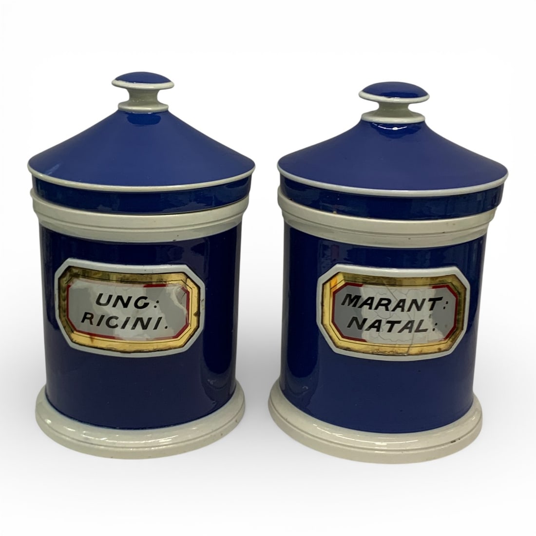 Pair Of Antique Ceramic Apothecary Covered Jars: Marked On Bottom: 70 - 9 1/2" Tall